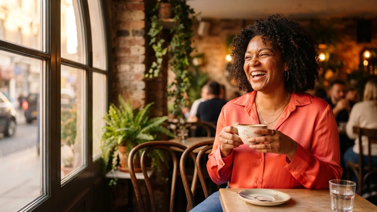 A woman laughing over coffee in the Just Curves campaign