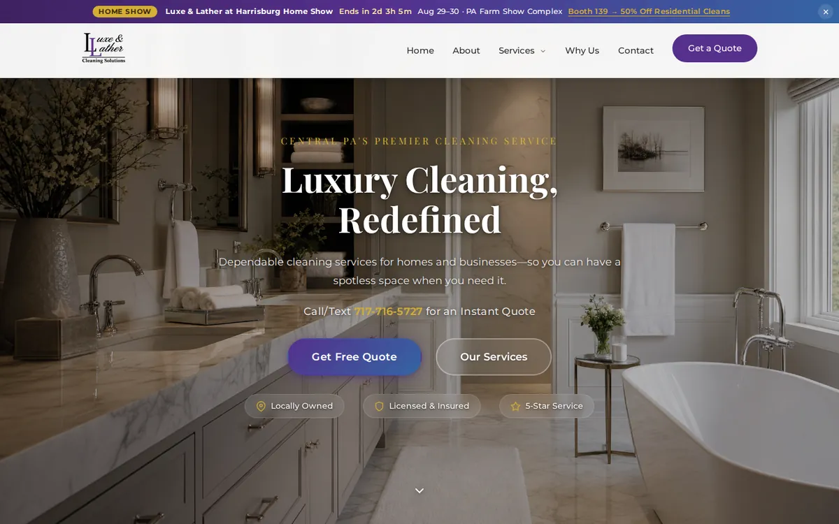 Luxe and Lather cleaning service website homepage